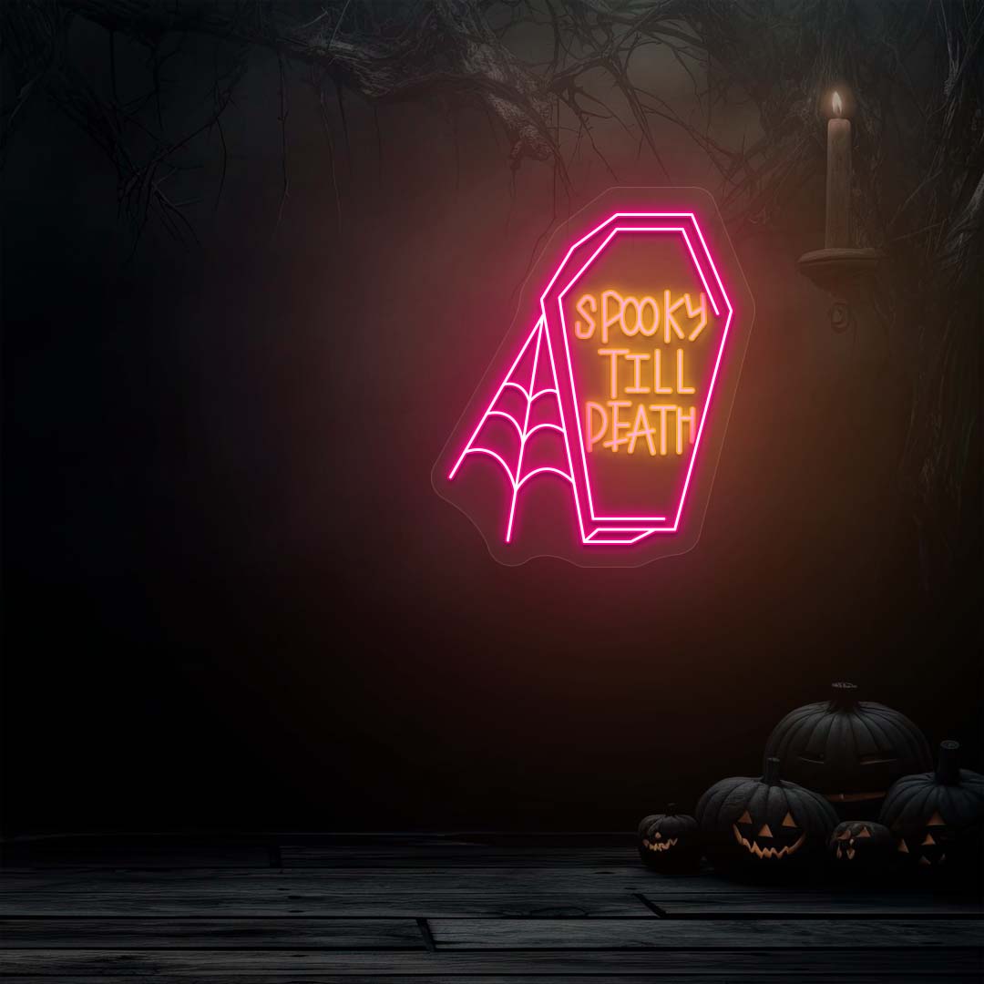 Spooky Till Death in Coffine With Web-yellow pink